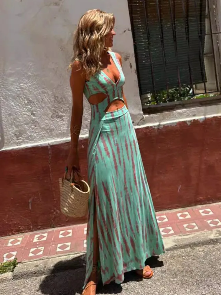 

Sexy V-neck Sleeveless Dress For Women Summer Fashion Printing Patchwork Waist-exposed Slim Casual Boho Holiday Dresses Female