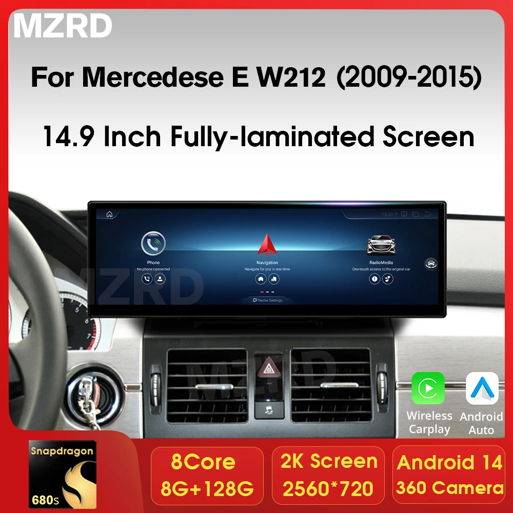 

MZRD 14,9 дюйма, Android 14 для Mercedes E Class W212 LHD NTG 4,0 4,5 5,0, беспроводной Carplay, автоматический мультимедийный плеер, головное устройство с GPS