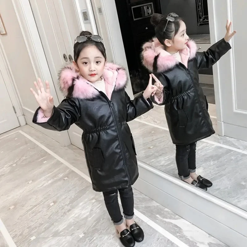 New children winter velvet jacket waterproof parkas warm outerwear hooded coats for girls Outwear Leather Snowsuit windbreaker