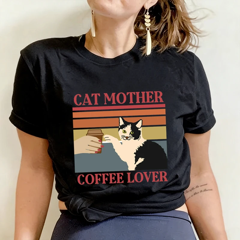 

Cat Mother Coffee Lover Graphic Women T Shirt Short Sleeve Vintage Animal Cat Lover Gifts Tees Fashion Mom Life T-shirts