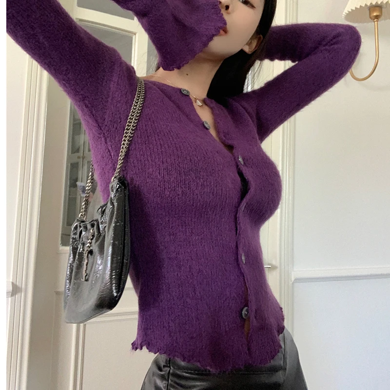 New Imitation Mink Knitted Cardigan Sexy Purple Knitted Tight Irregular Cardigan Long-sleeve Single Breasted Sweater Coat Tops