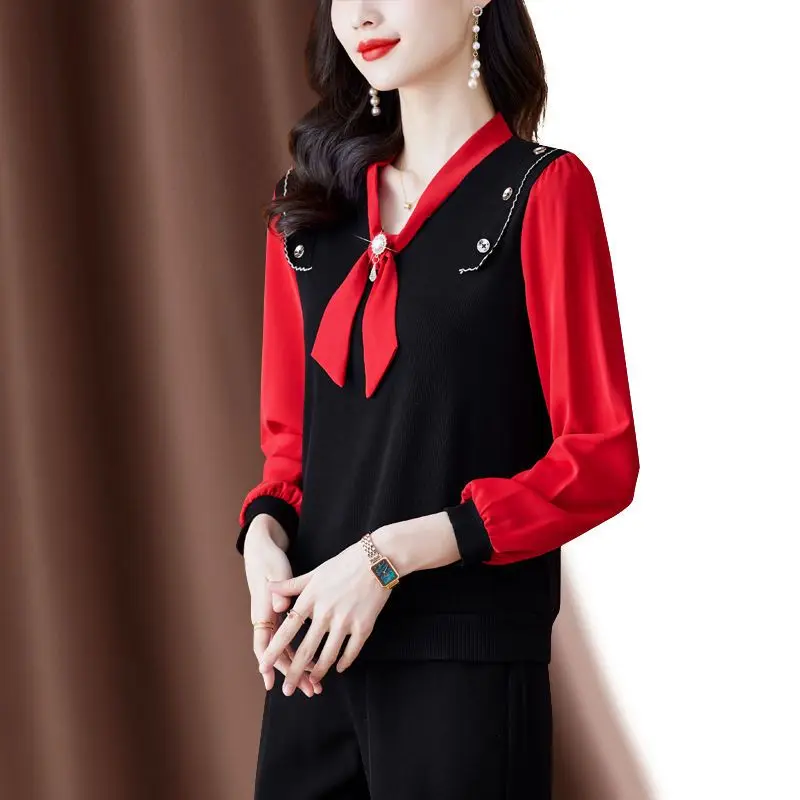 Stylish V-Neck Bow Slim Shirt Female Clothing Contrasting Colors Patchwork 2024 Spring Autumn Button Commute Long Sleeve Blouse