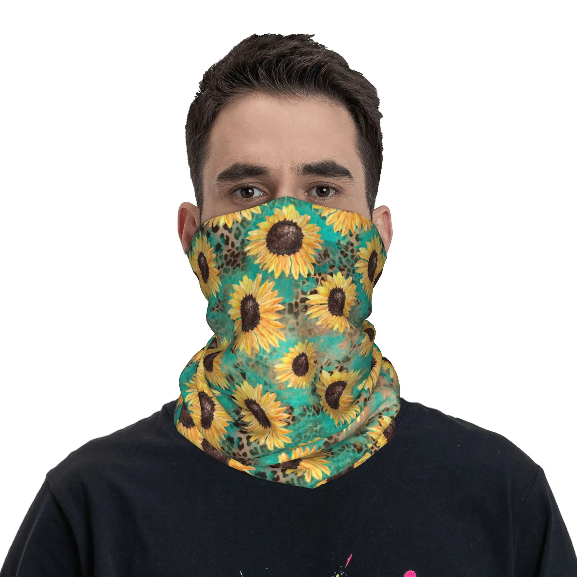

Sunflower Leopard Turquoise Bandana Neck Cover Printed Wrap Scarf Headwear Hiking Fishing for Men Women Adult Windproof