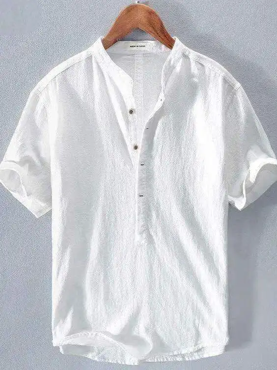 

Cotton Linen Short Sleeve T-Shirt Overhead Men's Casual Loose Summer Youth Artistic Linen Shirt Stand Collar Korean Style