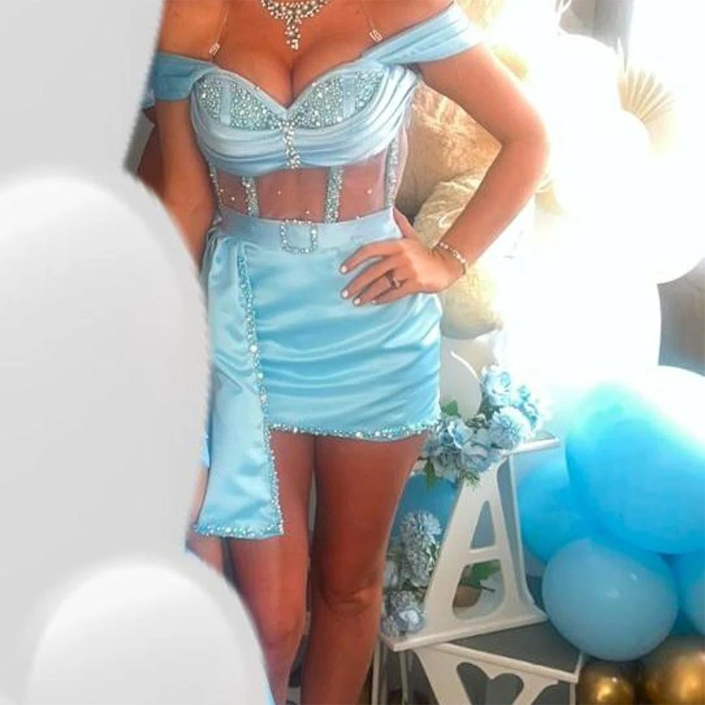 

Luxury Off The Shoulder Blue Mini Short Cocktail Dress Sheath Cocktail Gowns for Women Sleeveless Beading Pleat Party Gown