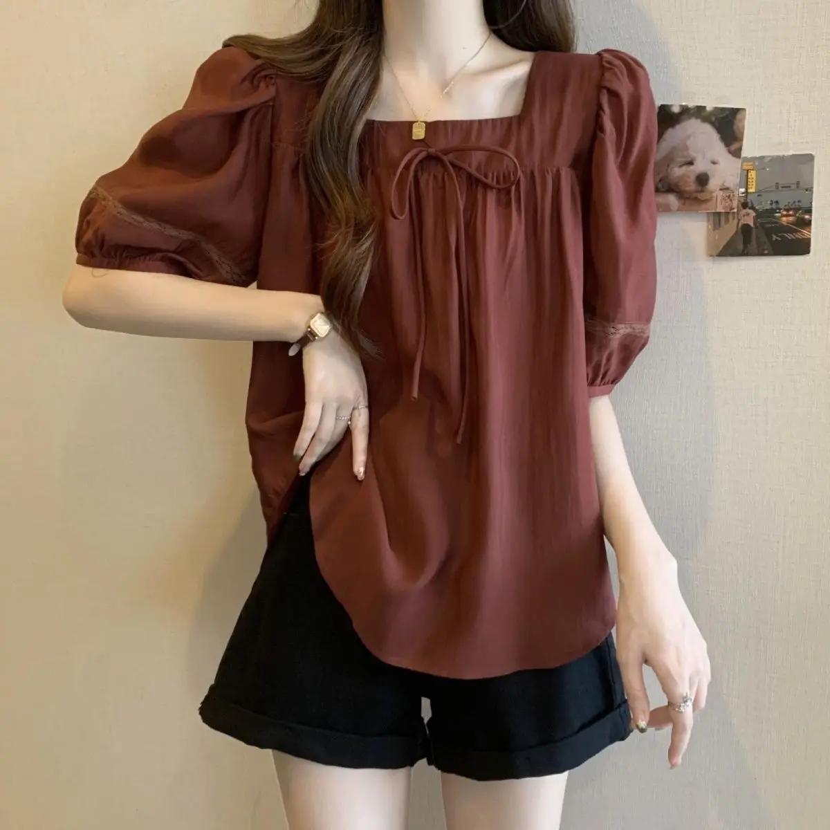 Solid T-Shirts Bow Pleated Office Lady Summer Thin Casual Korean Temperament Sweet Square Collar Short Sleeve Women\'s Clothing