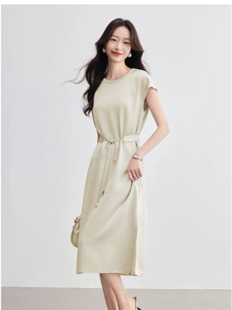 

SENTUBILA Summer Long Apricot Dresses Women 2025 Round Neck Elegant Flying Sleeve Belt Straight Dress Female Clothing Q52LB2417