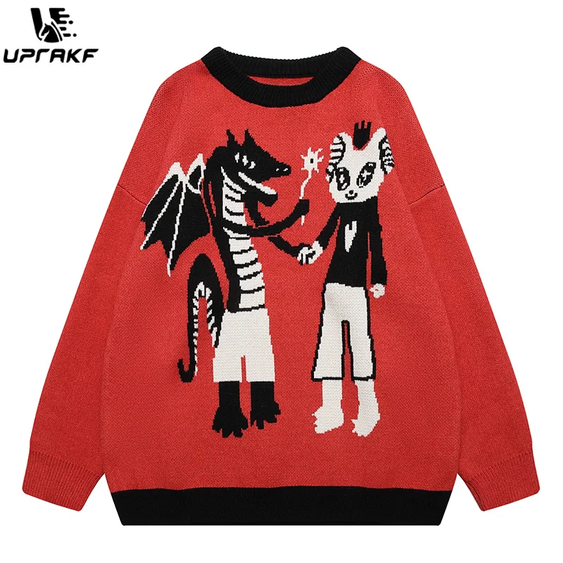 UPRAKF High Street Sweater Loose Long Sleeves Fashion O Neck Trendy Pullovers Cartoon Graphic Vintage