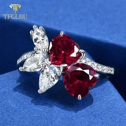 TFGLBU New 7*7mm Heart Cut Red Corundum Solid 925 Silver Ring for Women Trendy Shine Gem Band Party Birthday Gift Fine Jewelry