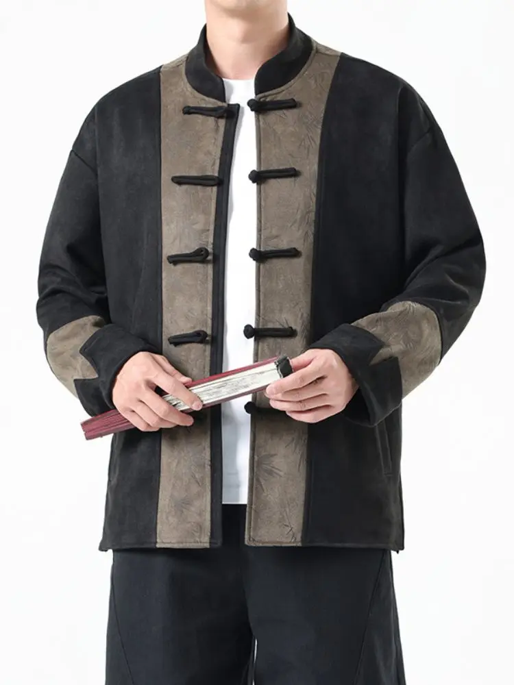 

Men's Suede Jaet Spring Autumn Sle Retro Splicing Tang Costume New Chinese Sle Reformed Hanfu Middle Aged And ly C...