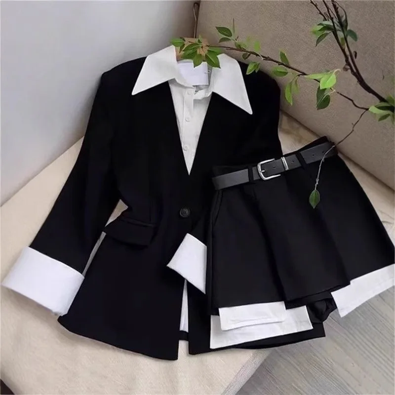 Conjunto Elegante de 3 Piezas para Mujer, Blazer y Falda en Contraste Blanco y Negro, Blazer con Solapa + Camisa + Falda Plisada de Cintura Alta con Cinturón