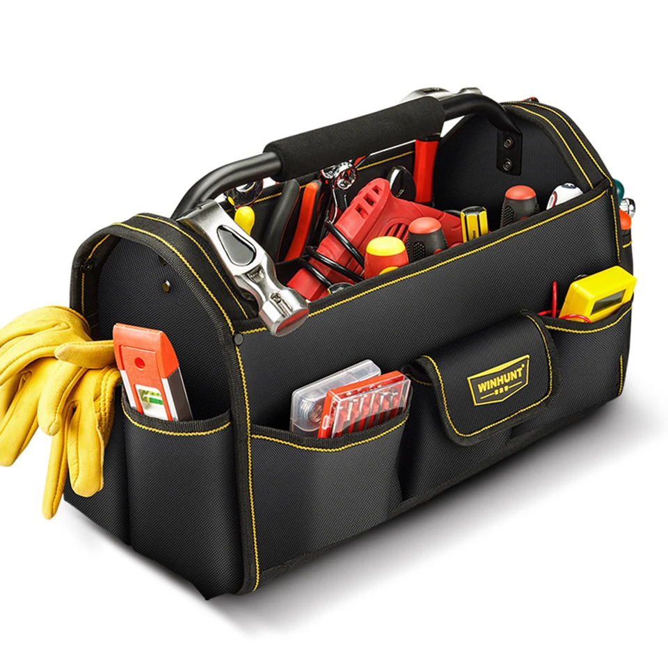 Heavy Duty Open Top Tool Tote Bag - 600D Oxford Electrician Bag with Rotating Handle & Wide Stiff Frame for Construction  WH009