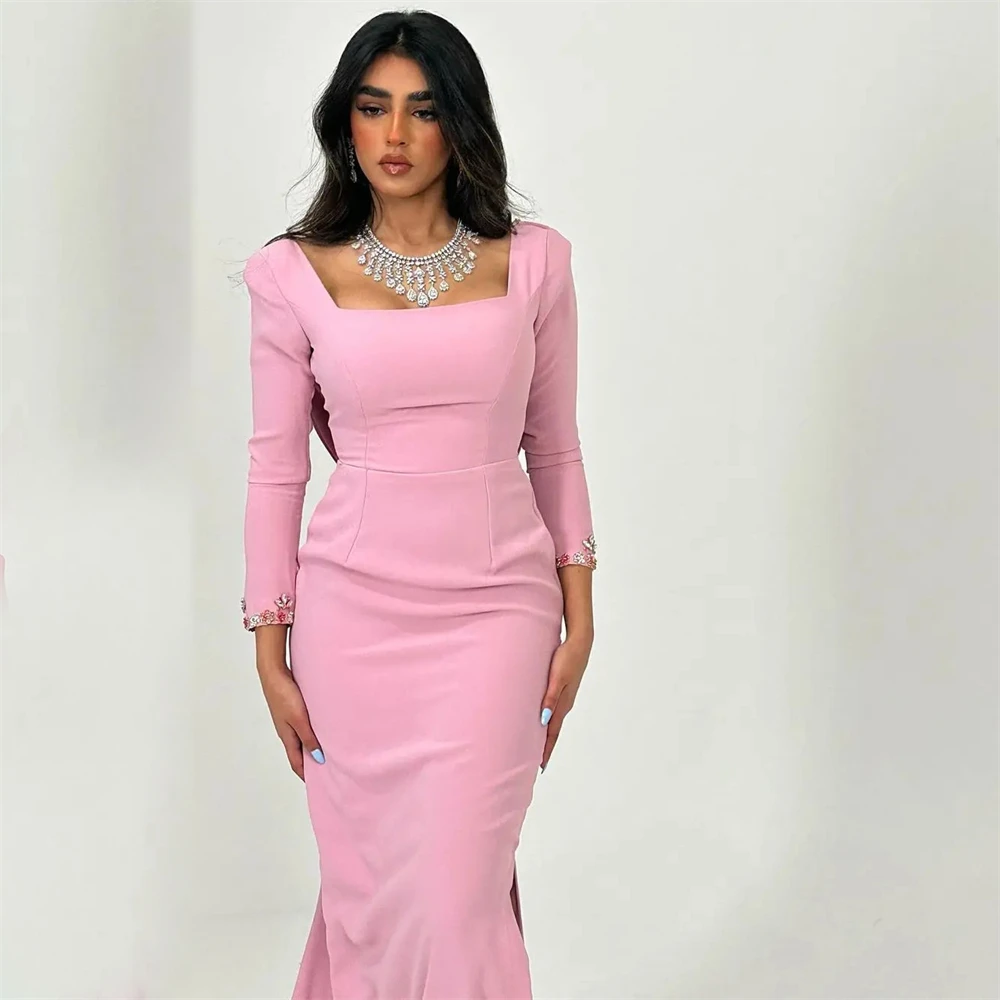 Tarot Pink Long Sleeves Beading Evening Dresses Satin Open Back Formal Prom Dress 2024 Square Collar Side Split robes de soirée