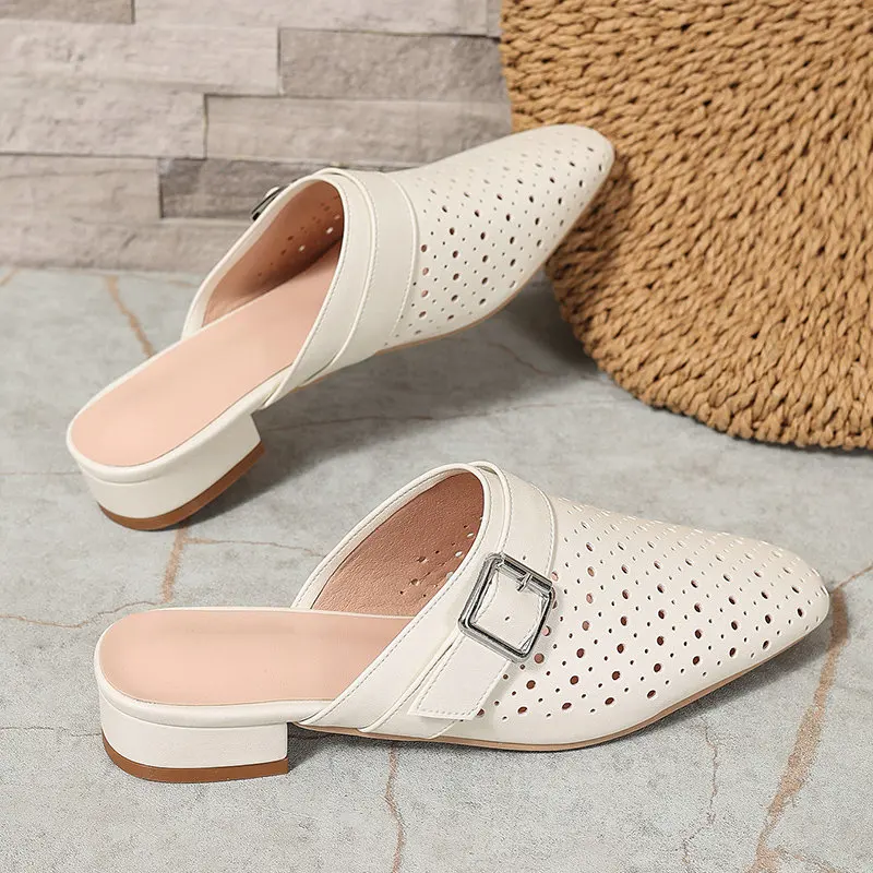 Hallow Cut-out Closed Toe Women Summer Slides Sandals Square Chunky Low Heels Casual Leisure Lady Mules Slippers Shoes Size 45