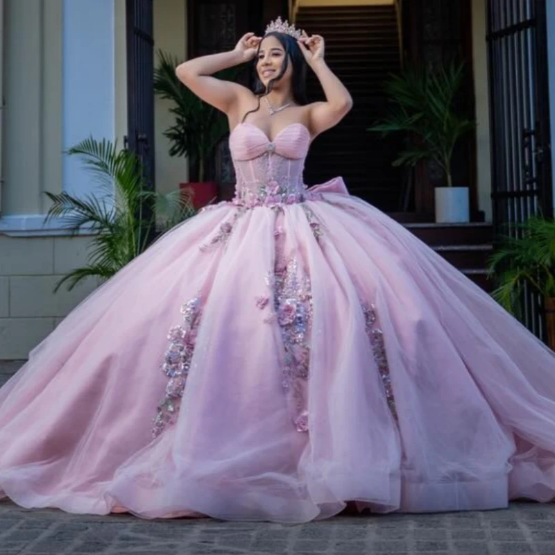 

Pink Shiny Quinceanera Dresses Ball Gown Off The Shoulder Applique Flower Beading Crystal Corset Party Birthday Sweet 16 Dres