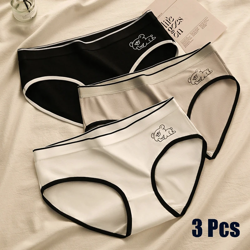 3 unid/set de bragas de mujer, bragas de algodón a rayas con oso de dibujos animados, ropa interior bonita de cintura baja, calzoncillos cómodos breves de Color sólido