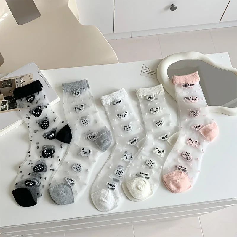 

Cartoon Bear Embroidery Cute Socks Women Summer Ultra-thin Transparent Crystal Silk JK Lolita Kawaii Sweet Girl Nylon Long Socks