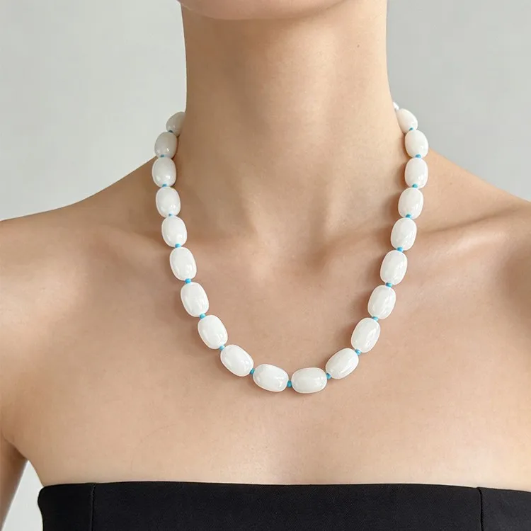 

New Blue Iceland Moonlight White Jade Beaded Necklace Fresh Gentle Temperament All Match Clavicle Chain For Women