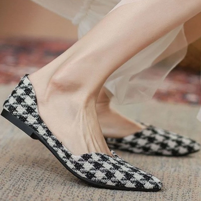 Shoes for Women 2023 Fashion Spring and Autumn Women's Flats Casual Houndstooth Pointed Toe Shallow Mouth Zapatillas De Mujer