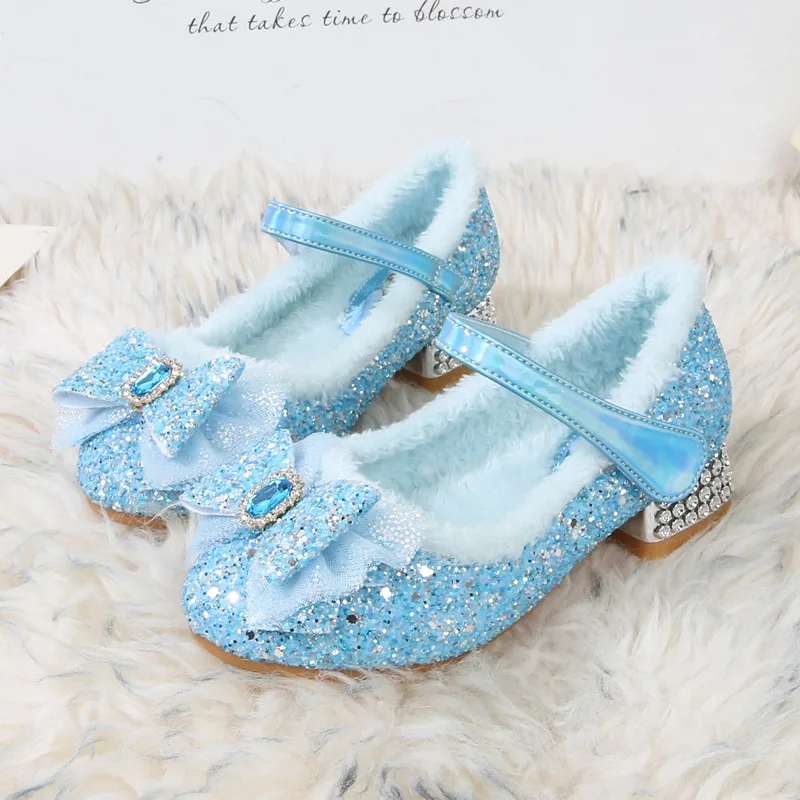 Disney Girls\' High Heels Women Treasure Crystal Shoes Winter Children\'s Plush Fashion Bow Frozen Princess Elsa Shoes Size