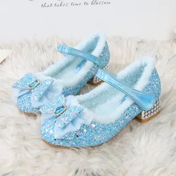 Disney Girls' High Heels Women Treasure Crystal Shoes Winter Children's Plush Fashion Bow Frozen Princess Elsa Shoes Size