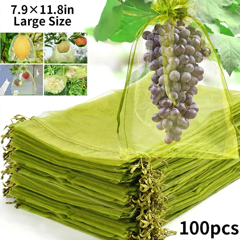 100Pcs Garden Fruit Protection Net Cover 7.9×11.8in Drawstring Mesh Anti‑Bird Insect Bags for Mango Grape Apple Vegetables