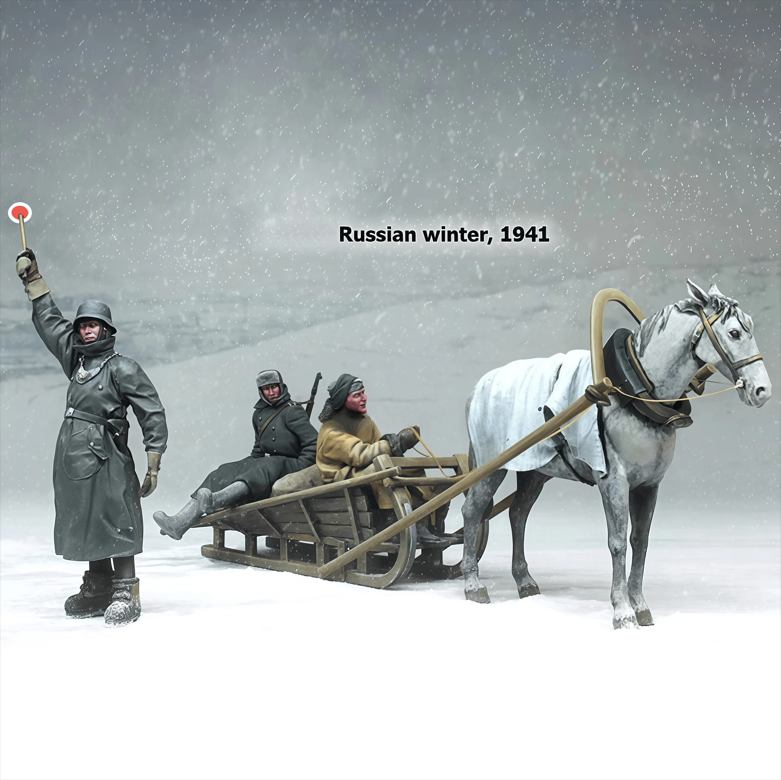 1/35 harsfiguur ongeverfd modelpakket, winter (3 personen, paard en slee), ongemonteerd en ongeverfd GK