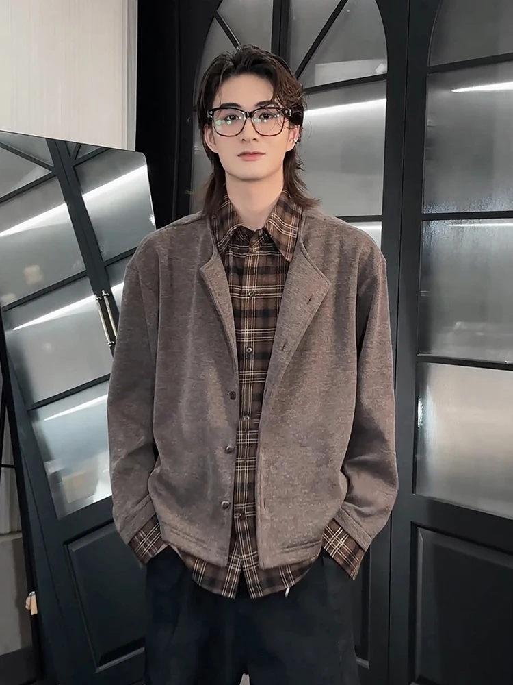 

Khaki Patchwork Knitwear irt Collar Men's Commute Sle Old Money Sweater Cardigan Flip Collar Jaet Casual Loose Fit