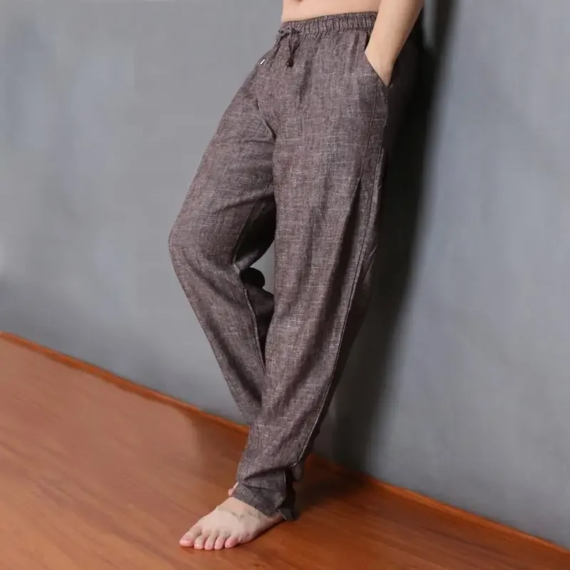 Men's Casual Pants Linen Wrinkle Trousers Male Loose Wide Fashion Baggy Summer Cotton Y2k Polyester Long Comfortable Trend