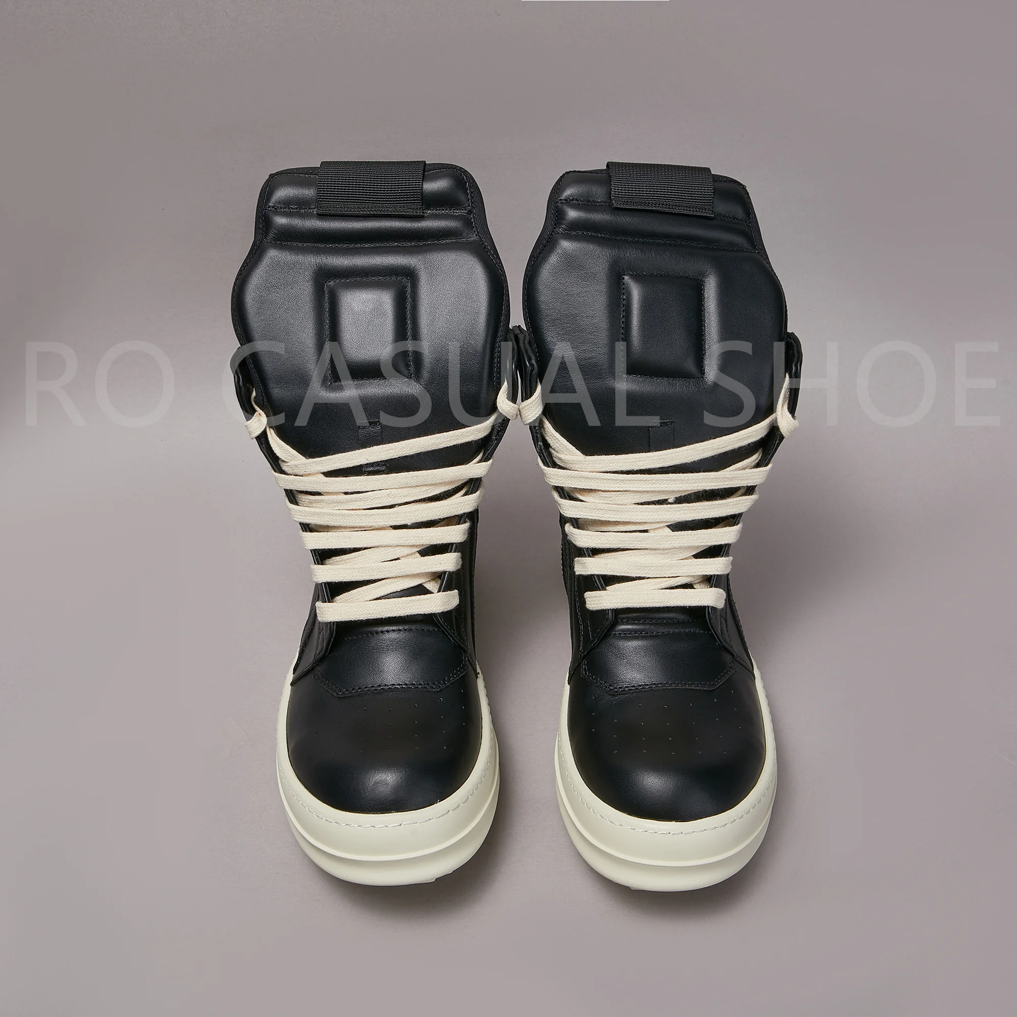 Ricks Genious Black Leather High Top Geobasket Owens Quality Men Shoe Zipper Women Sneaker Casual Owens Design boots & Shoes