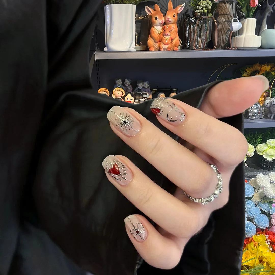 10 pezzi di unghie finte corte da donna in acrilico rimovibili francesi che indossano unghie finte set copertura completa stampa su punte per unghie punk fatte a mano