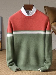 Autumn and Winter New Color Blocking Sweater Men's Round Neck Knitted Pullover 100% Pure Wool Large Size Long Sleeved Menswear