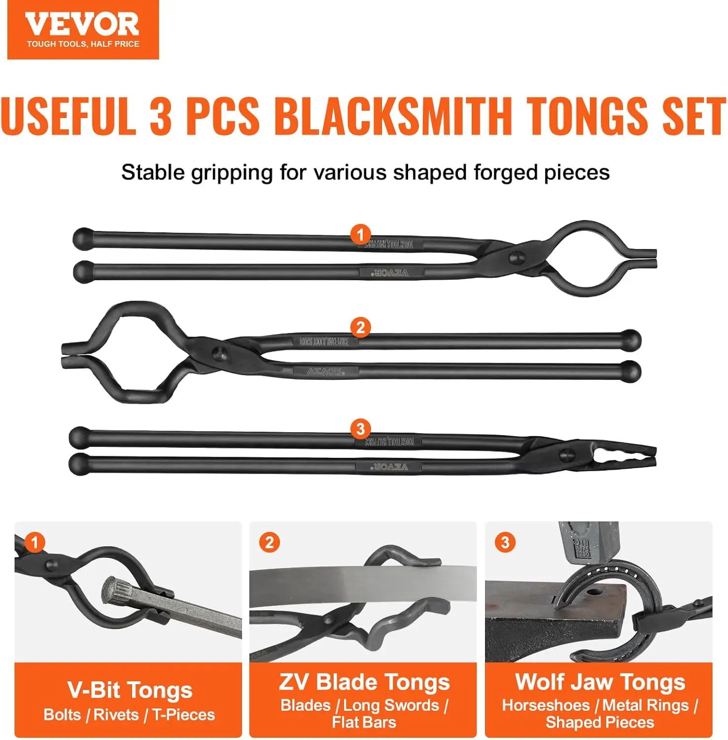 Blacksmith Tongs, 18” 3 PCS, V-Bit Bolt Tongs, Wolf Jaw Tongs and Z V-Bit Tongs, Carbon Steel Forge Tongs with A3 Steel Rivets