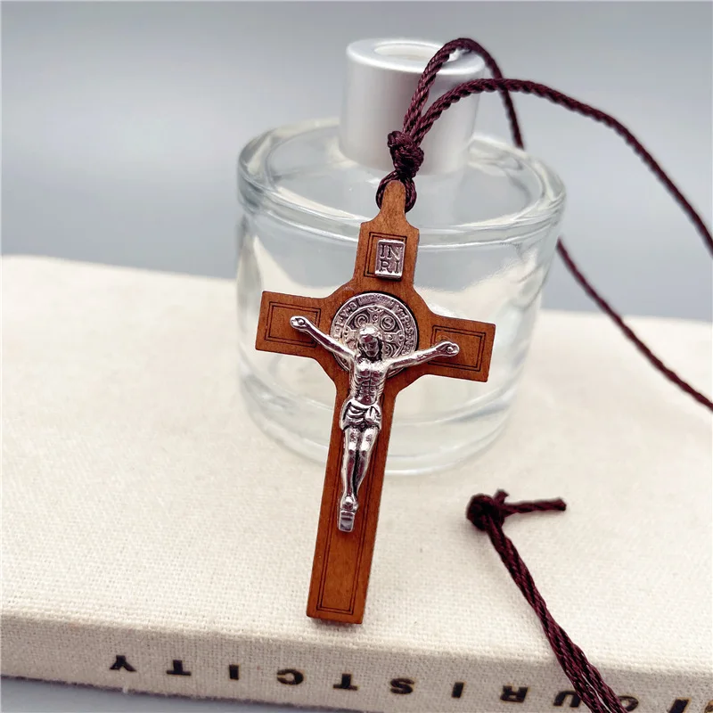 Simple Religious Belief Prayer Baptism Christian Jesus Wood Metal Cross Wax Rope Necklace Men Women Accessories Jewelry Gift