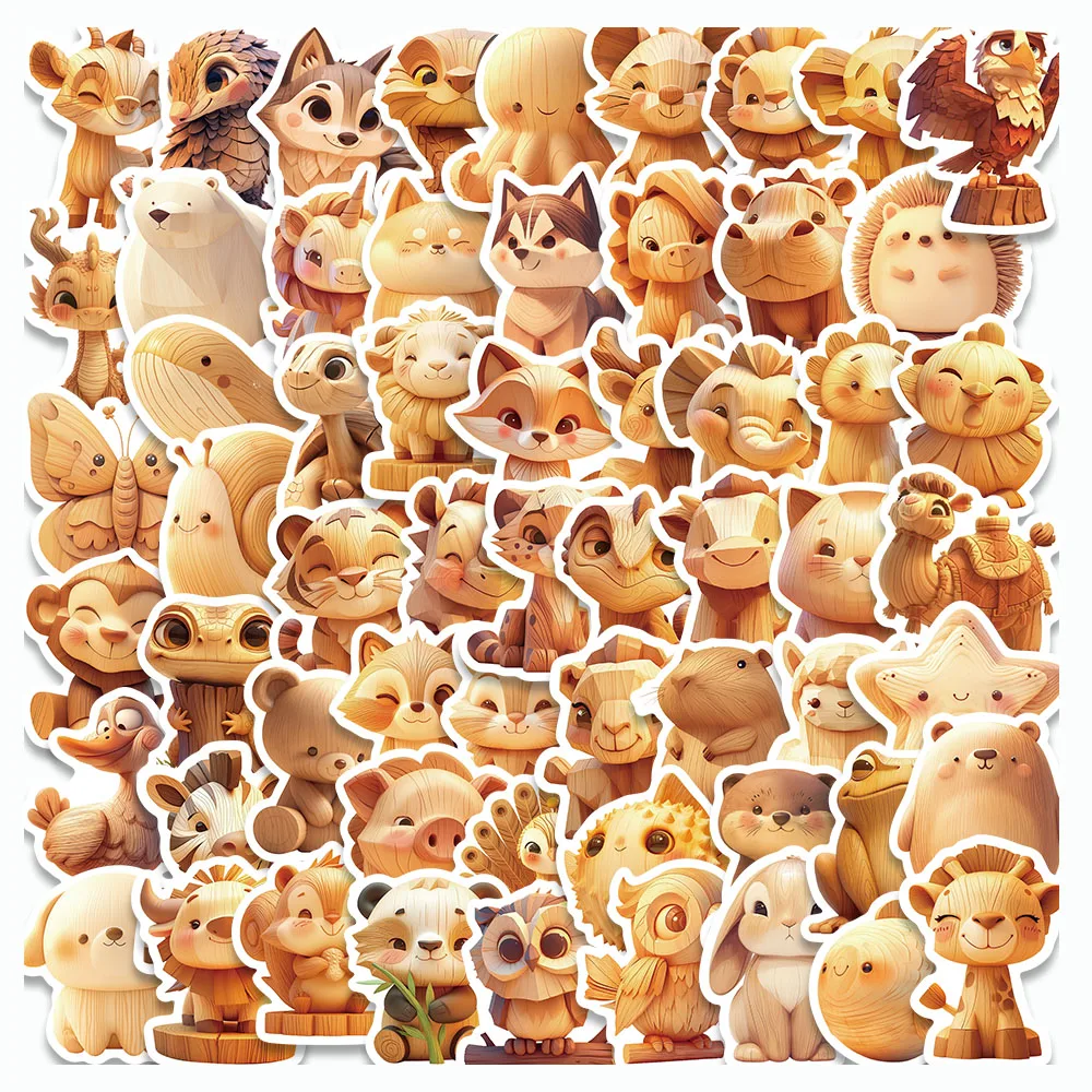 

60PCS Wooden Carving Dolls Sticker Animals Decals For Fridge Laptop Suitcase Skateboard Guitar Decorate Children‘ s Toy Stickers