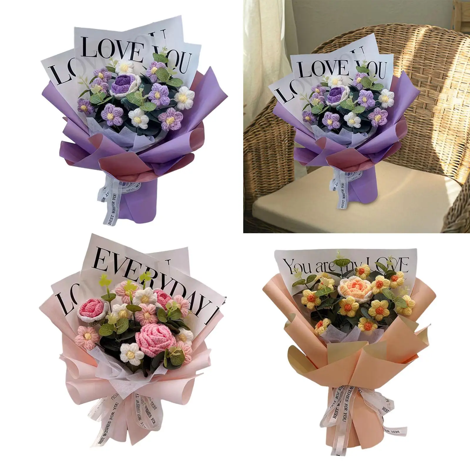 Buquê de flores de crochê feito à mão, buquê de flores falsas, decoração de flores artificiais para aniversário, noivado, aniversário