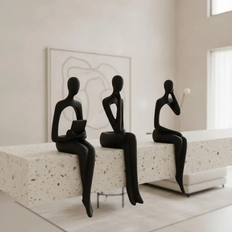 3Pcs Minimalist Thinking Human Sculpture 3D Printed Abstract Edge Sitter for Modern Home Shelf Ornament