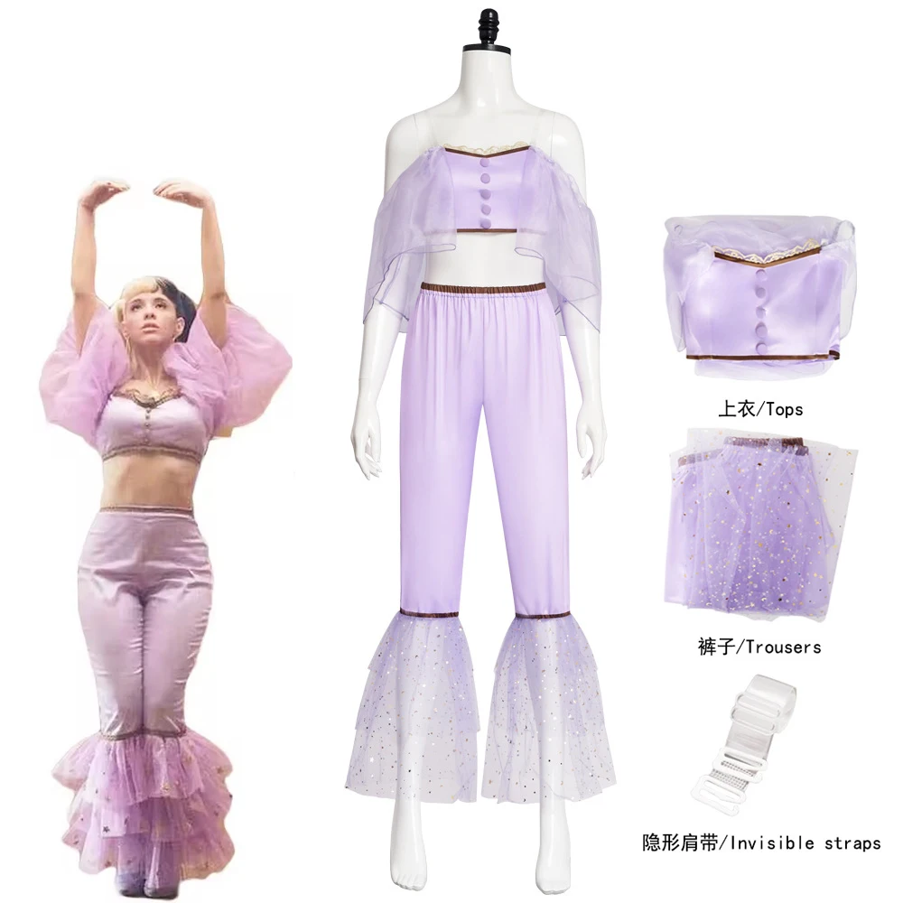 

Anime K-12 Yaya Cosplay Melanie Martinez Purple Dance Costume Cry Ghost Baby Off the Shoulder Lantern Sleeve Flared Leggings