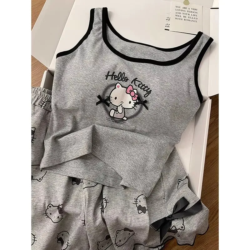 Sanrio Casual Comfortable Set With Chest Mat Ins Style Summer Kawaii Pajama Cute Girl Hello Kitty Tank Top Shorts Home Clothing