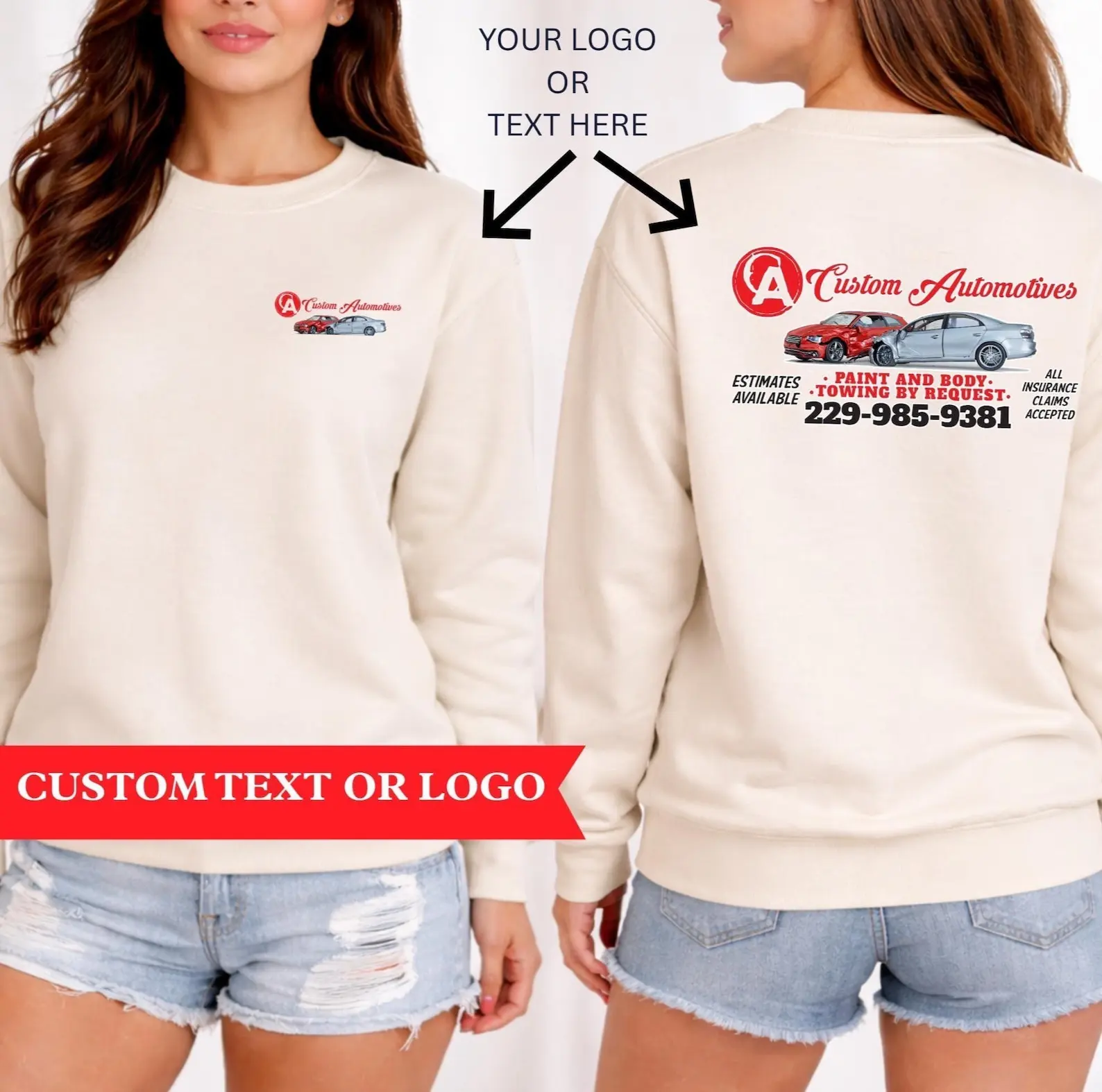 

Personalized Business Logo Custom Crewneck Sweatshirt Name Text photo Company Design Sweatshirt Front and Back Perfect for Gifts