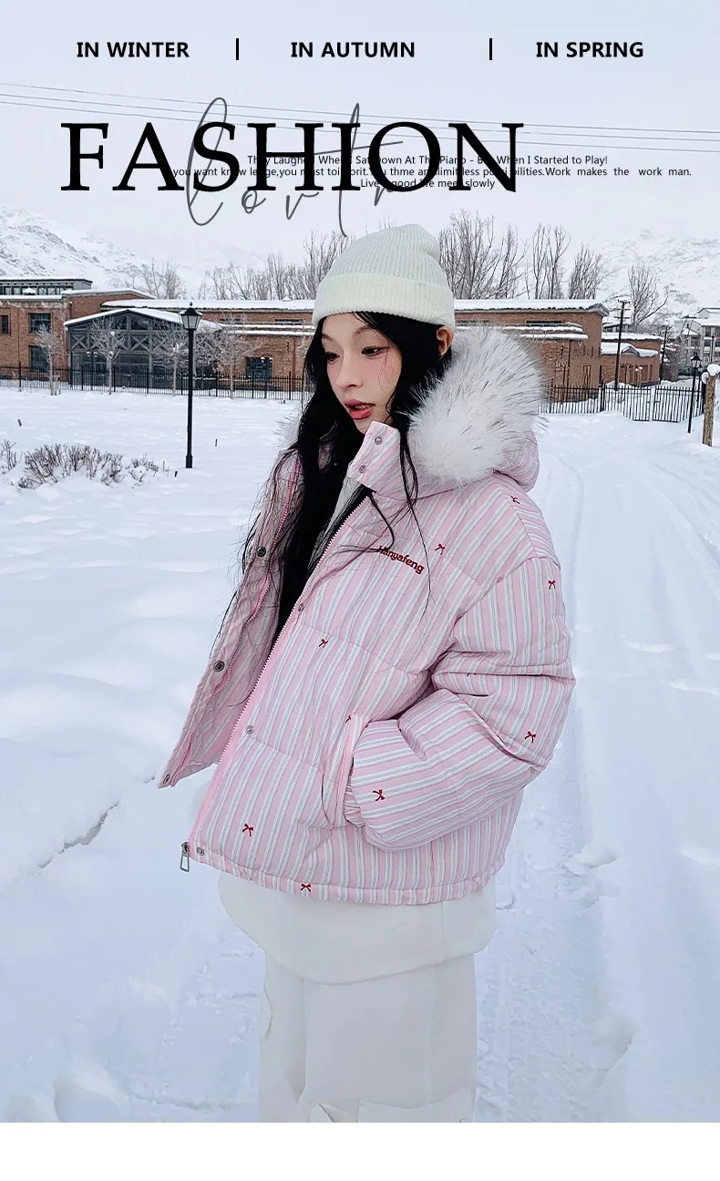 Korean Striped Bow Pattern Cropped Padded Jacket for Women Winter Hooded Coat with Faux Fur Collar Woman Sweet Thick Warm Parkas