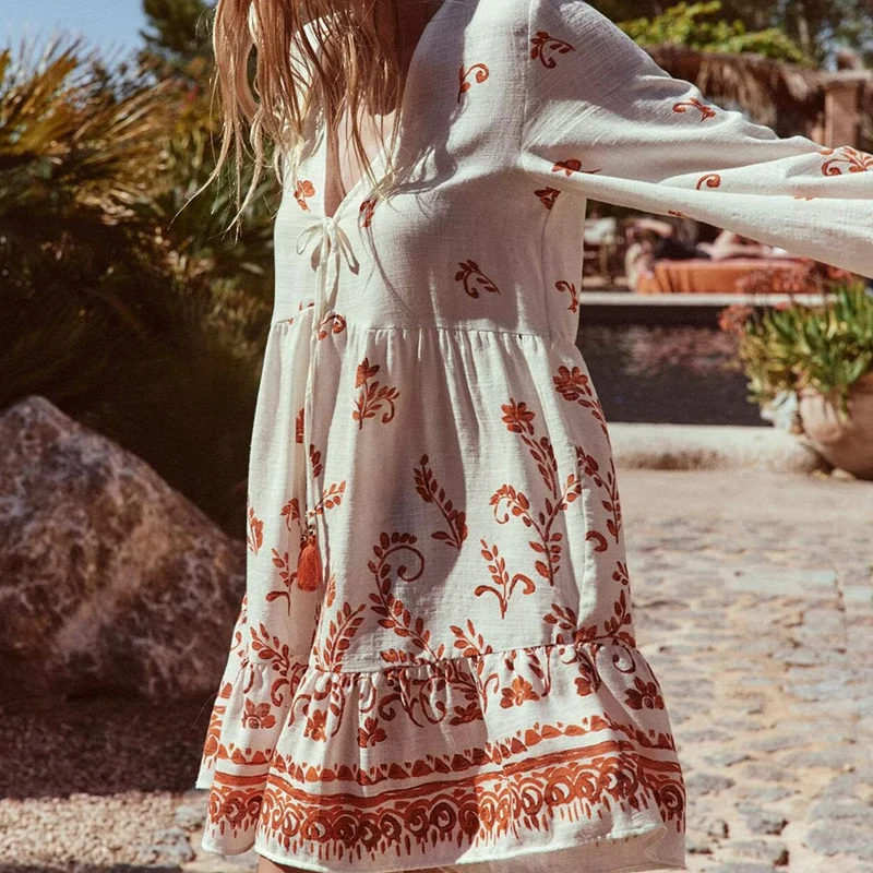 패셔너블 프린트 여성용 여름 신상품 2025 롱 슬리브 V넥 폴리에스터 섬유 원피스