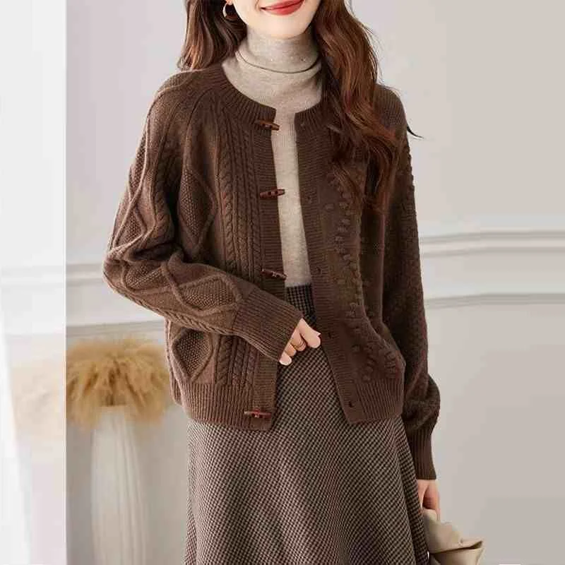 خريف جديد ريترو تويست سترة سترة محبوك الجولة الرقبة بلون قميص خارجي فضفاض المرأة