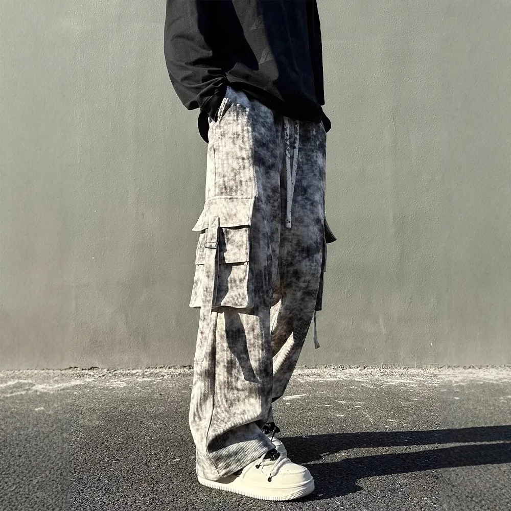 TRSYPHXM 2024 new Tie dye pants men's spring and autumn new pleated work pants American retro handsome high-end pants