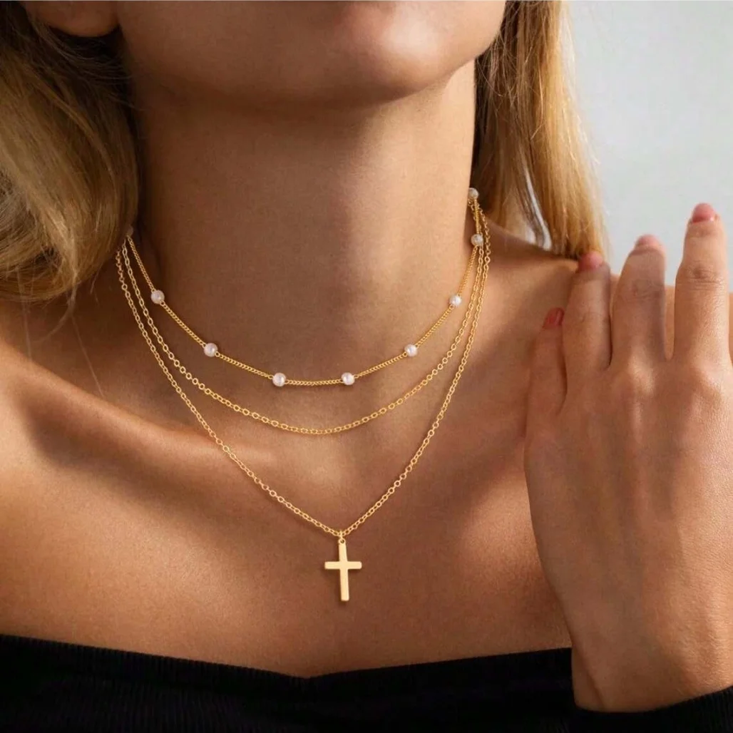 Layered Pearl Cross Necklace, Multi Pendant Adjustable Choker, Stackable Vintage Necklace for Women Jewelry
