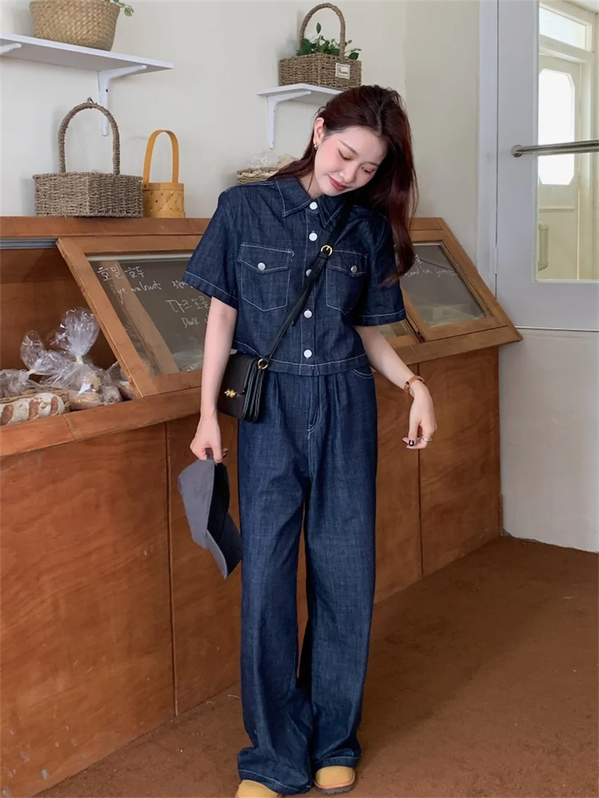 Alien Kitty Blue Denim Two Pieces Sets Women Loose Chic Summer Short Sleeve Coats 2023 Jeanswear New High Waist Slim Pants Suits