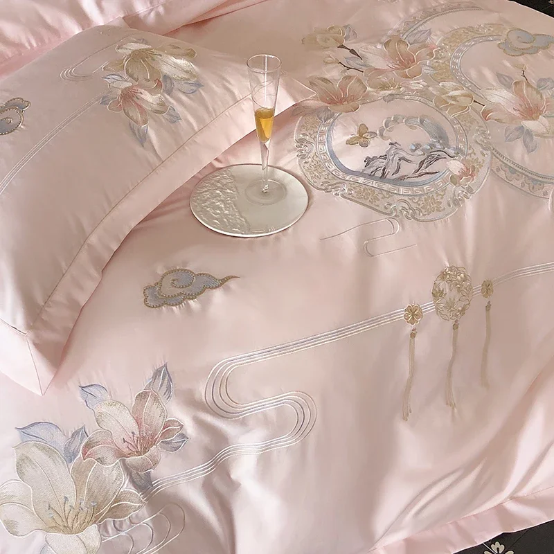 Pink Chinese Style Flowers Bird Embroidery Luxury Bedding Set 1000TC Egyptian Cotton Duvet Cover Bed Sheet Pillowcases 4/5Pcs