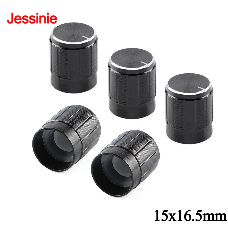 5Pcs/lot Black Potentiometer Knobs 15mmx16.5mm 6mm Caps Knurled Shaft Potentiometer Control Knob Diameter Aluminum Switch Knob