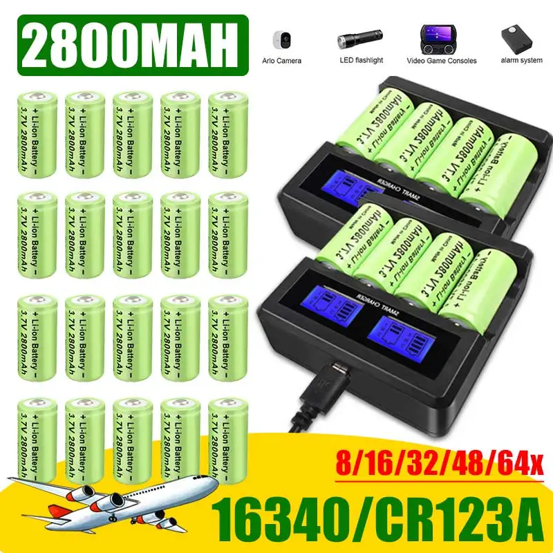 

64pcs 3.7V 2800mAh Li-ion For 16340 Battery CR123A Rechargeable Batteries CR123 for LED Flashlight Cell,Security Camera