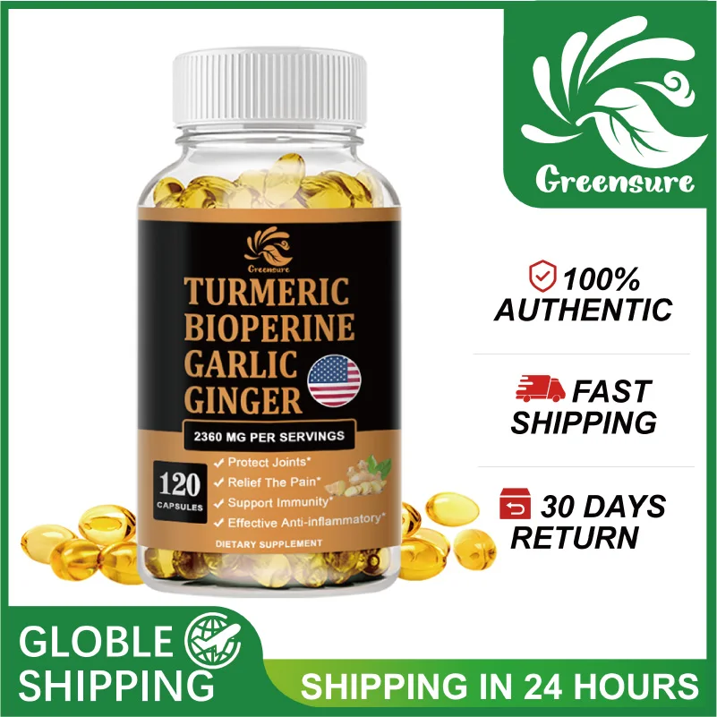 Greensure Turmeric Bioperine Garlic Ginger - Promotes Digestive Health, Joint Health, Inflammation Relief & Anti-Inflammation